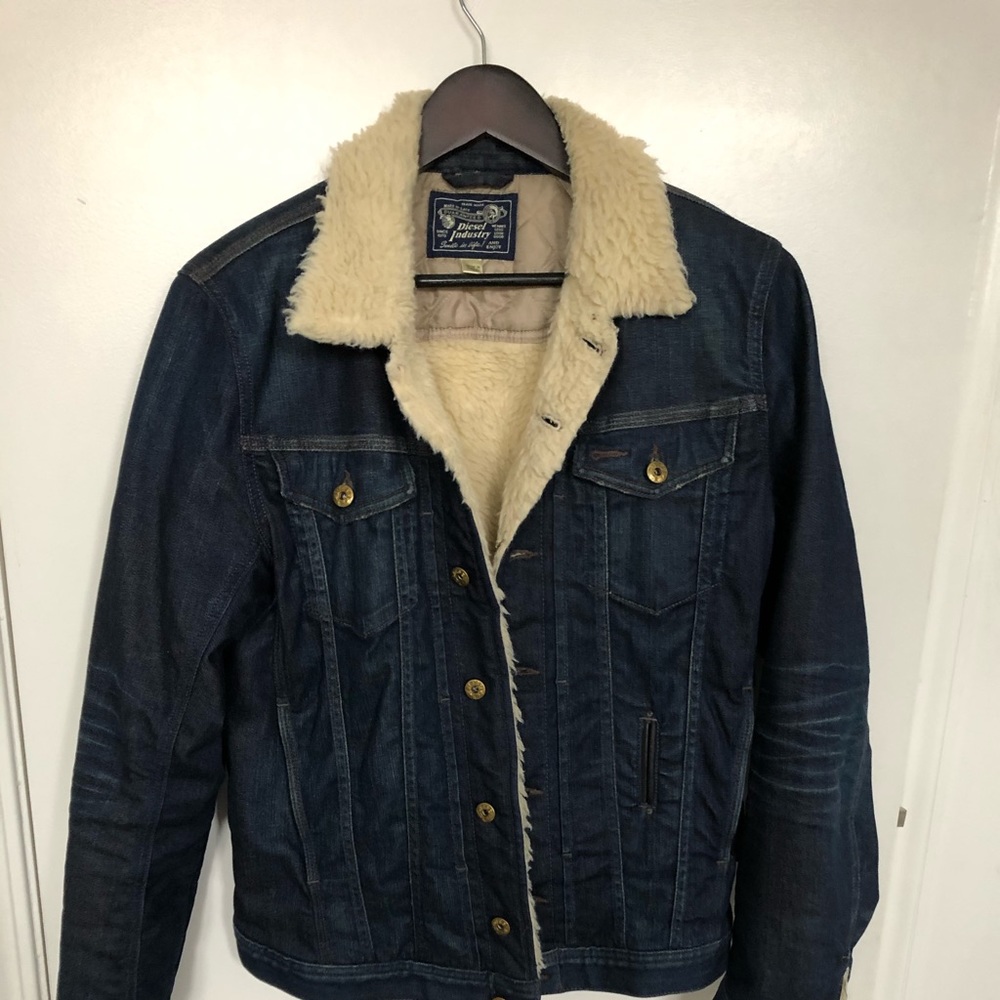 Diesel denim, shearling lined coat.